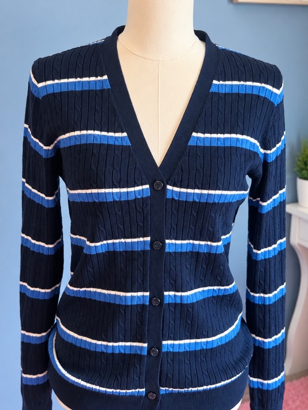 Tommy Hilfiger Navy Blue Striped Cable Knit Cardigan Sweater Medium